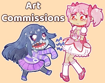 May include: A digital illustration of two cartoon characters. The character on the left is a girl with long blue hair, wearing a purple and white striped sweater and a purple skirt. The character on the right is a girl with pink hair, wearing a pink and white dress with a red bow. The text "Art Commissions" is at the top of the image.