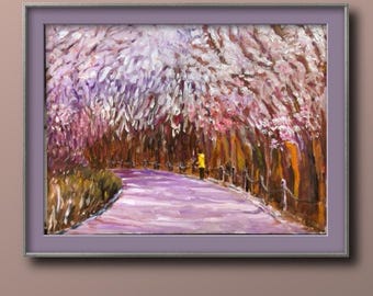 Origineel Impasto-olieverfschilderij - kersenbloesembomen landschapskunstwerk (12 x 9 in)