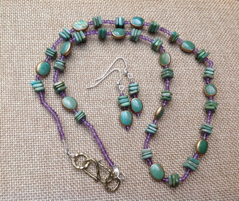 Turquoise with Copper Necklace and Earrings Amethyst and Turquoise, Turquoise and Amethyst Native American Style Jewelry OOAK