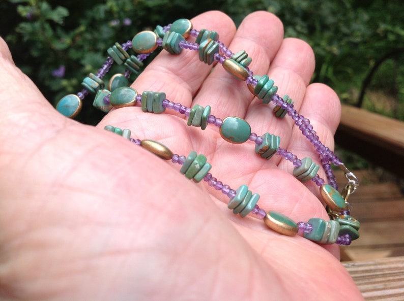 Turquoise with Copper Necklace and Earrings Amethyst and Turquoise, Turquoise and Amethyst Native American Style Jewelry OOAK
