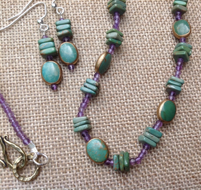Turquoise with Copper Necklace and Earrings Amethyst and Turquoise, Turquoise and Amethyst Native American Style Jewelry OOAK