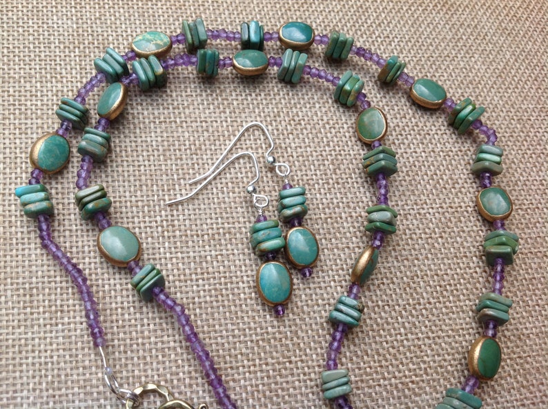 Turquoise with Copper Necklace and Earrings Amethyst and Turquoise, Turquoise and Amethyst Native American Style Jewelry OOAK