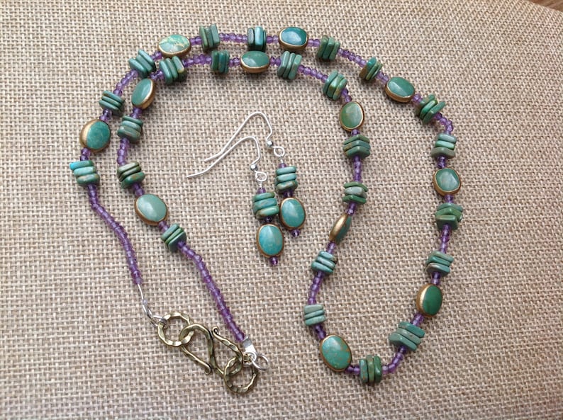 Turquoise with Copper Necklace and Earrings Amethyst and Turquoise, Turquoise and Amethyst Native American Style Jewelry OOAK