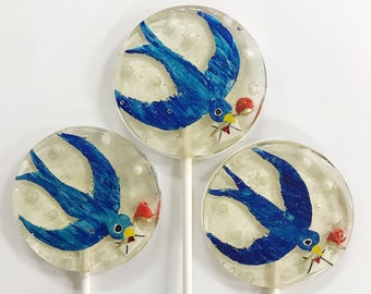 3 Lovebirds Valentines Day Blue Bird Swallow Blueberry Fondant Party Favor Wedding Lollipops