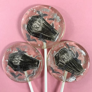 3 Rest In Peace Coffin Bats Marshmallow Flavored Haunted Halloween Wedding Party Favors Pastel Goth Lollipops image 1