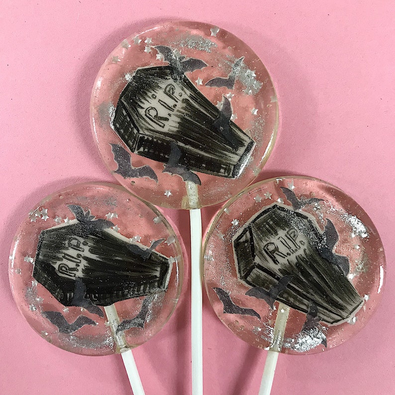 3 Rest In Peace Coffin Bats Marshmallow Flavored Haunted Halloween Wedding Party Favors Pastel Goth Lollipops image 1