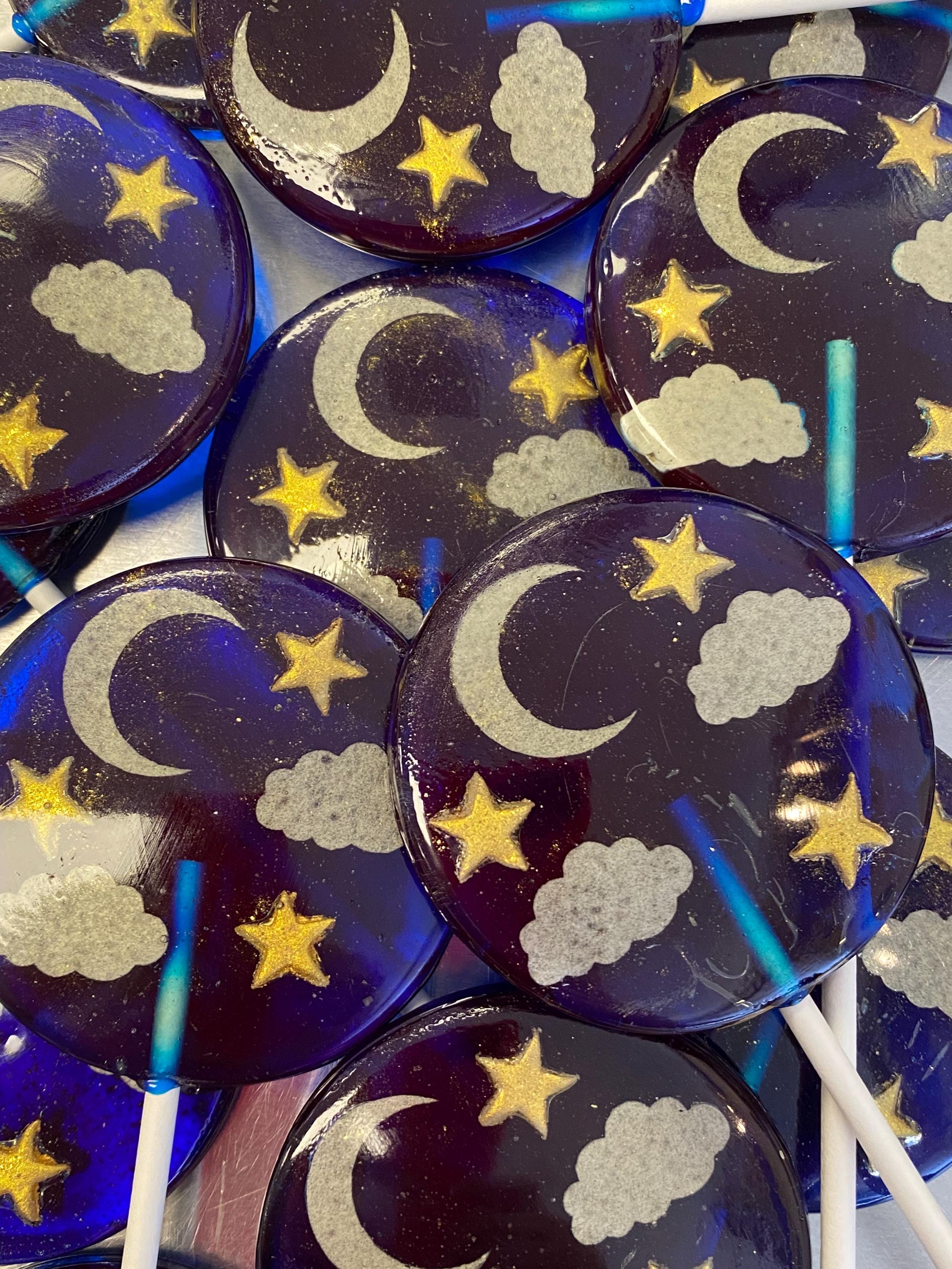 NEW - 3 Blue Hour Moon and Stars Cotton Candy Flavored Lollipops