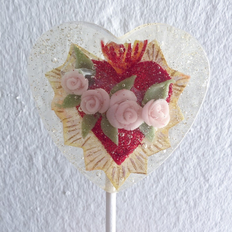 3 Blooming Roses Sacred Heart Valentines Day Luxe Wedding Party Favors Lollipops image 5