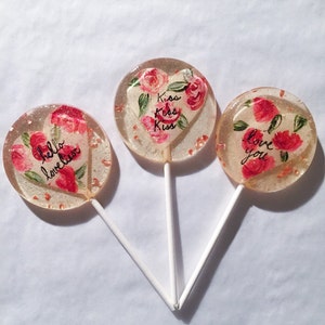 3 Natural Rose Flavored Bespoke Hand Painted Roses Valentines Day Wedding Party Favors Lollipops image 3