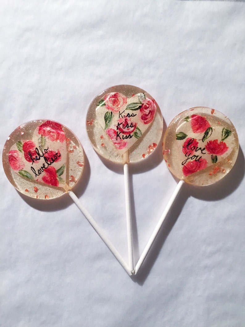 3 Natural Rose Flavored Bespoke Hand Painted Roses Valentines Day Wedding Party Favors Lollipops image 3