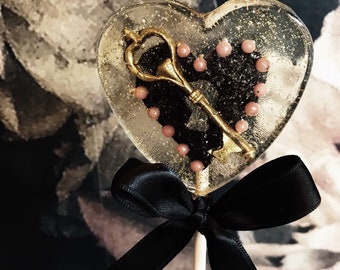 3 Key To My Heart Black Valentines Day Victorian Wedding Party Favors Fondant Cherry Marshmallow Lollipops