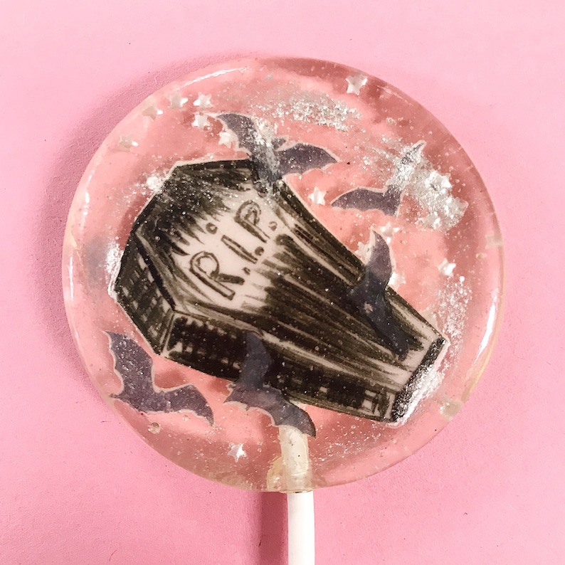 3 Rest In Peace Coffin Bats Marshmallow Flavored Haunted Halloween Wedding Party Favors Pastel Goth Lollipops image 2