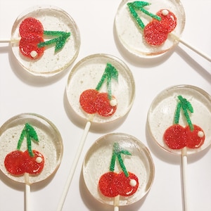 3 Natural Cherry Flavored Glittered Fondant  Cherry Birthday Wedding Party Favors Lollipops