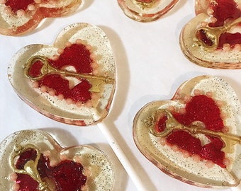 3 Key To My Heart Valentines Day Cherry Marshmallow Victorian Wedding Party Favor Fondant Lollipops