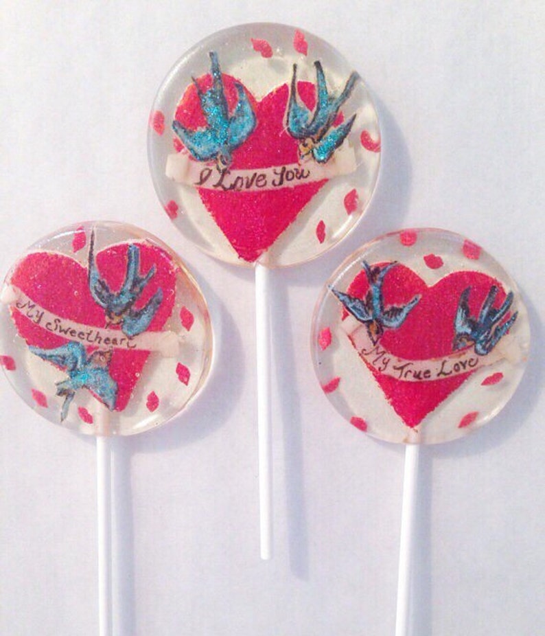 3 Valentine's Day Birthday Wedding Party Favors Lollipops With Red Glittered Marzipan Hearts, Birds, And Scrolls image 2