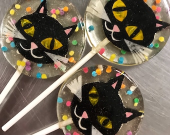 3 Spooky Black Cat Halloween Natural Strawberry Flavored Lollipops