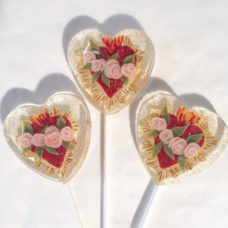 3 Blooming Roses Sacred Heart Valentines Day Luxe Wedding Party Favors Lollipops image 2