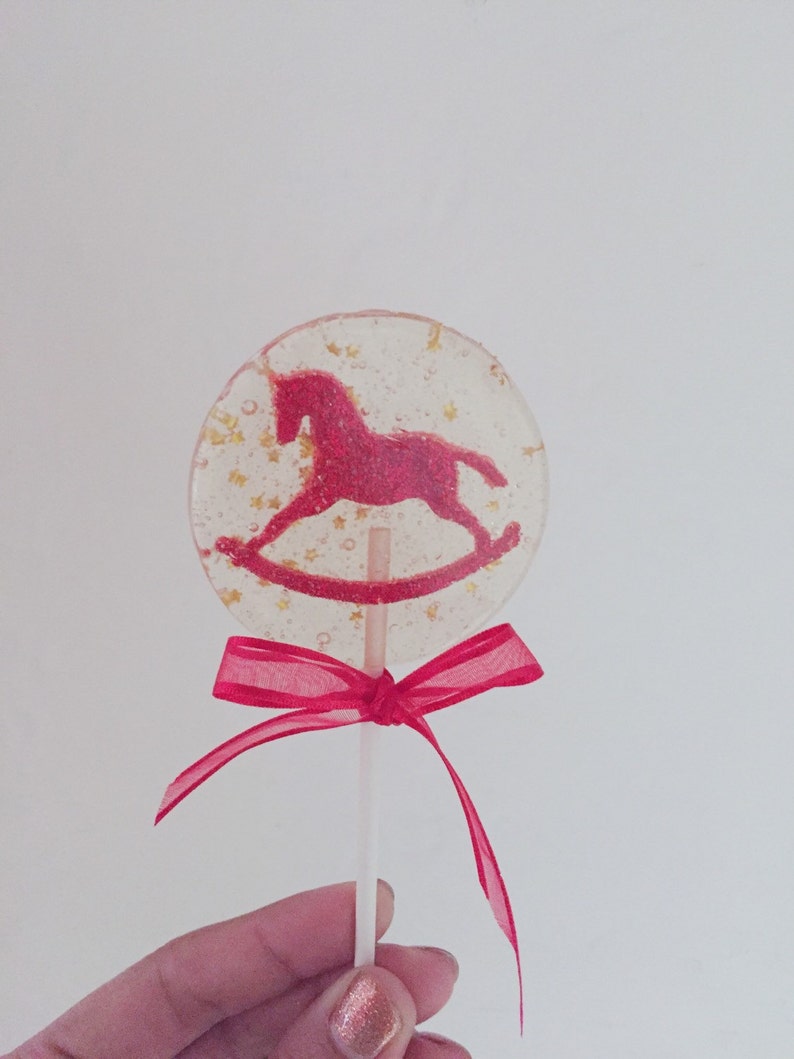 3 Natural Cherry Flavored Glittered Marzipan Rocking Horse Lollipops image 1