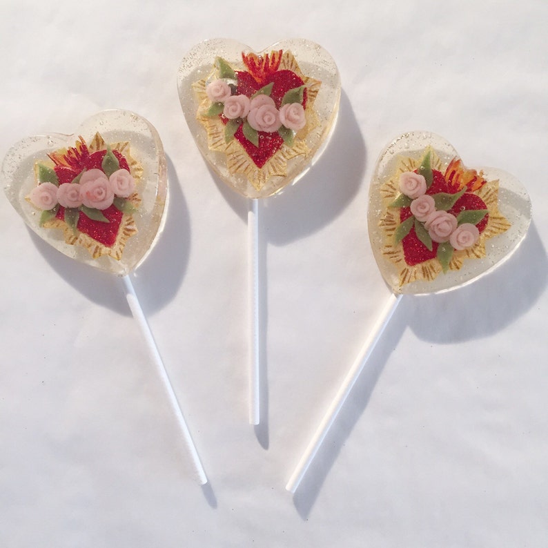 3 Blooming Roses Sacred Heart Valentines Day Luxe Wedding Party Favors Lollipops image 4