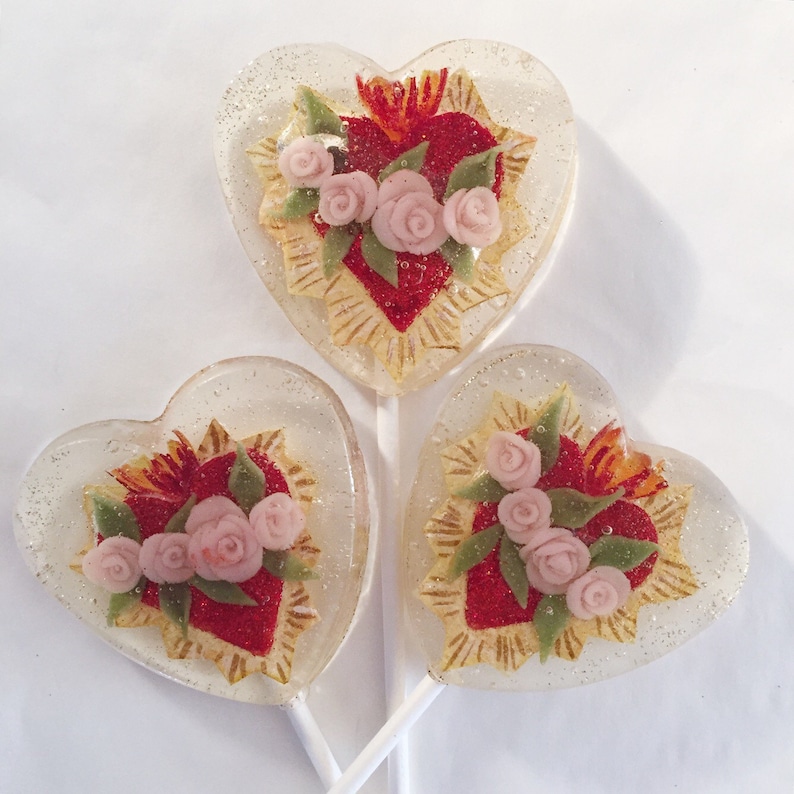 3 Blooming Roses Sacred Heart Valentines Day Luxe Wedding Party Favors Lollipops image 3