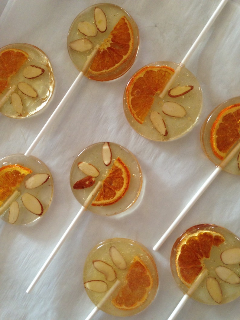 3 Italian Bergamot Party Favors Lollipops With Tangerine Slices And Slivered Almonds image 2