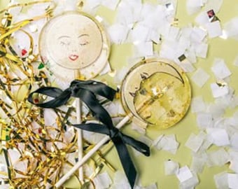 3 Vintage Paper Moon Marshmallow Flavored Lollipops With Edible Gold Glitter Stars
