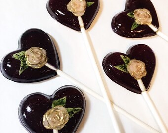 3 Gold Tipped Roses Black Heart Valentines Day Wedding Party Favors Luxe Marzipan Lollipops