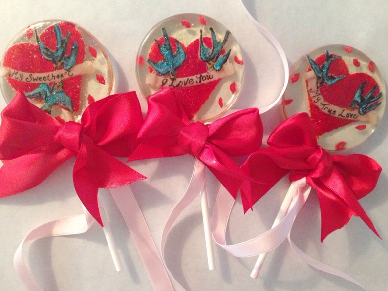 3 Valentine's Day Birthday Wedding Party Favors Lollipops With Red Glittered Marzipan Hearts, Birds, And Scrolls image 3