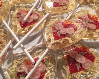 3 Blooming Roses Sacred Heart Valentines Day Luxe Wedding Party Favors Lollipops