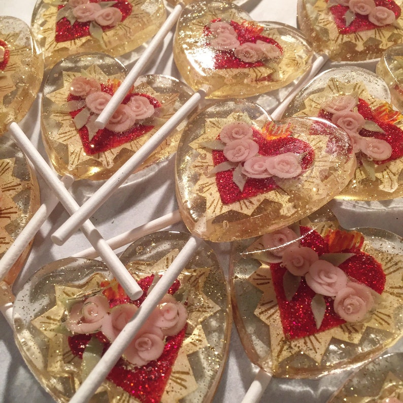 3 Blooming Roses Sacred Heart Valentines Day Luxe Wedding Party Favors Lollipops image 1