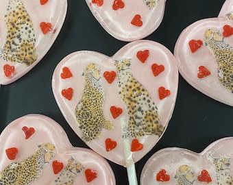 3 Leopard Love Valentine’s Day Heart Shaped Strawberry Lemonade Flavored Lollipops