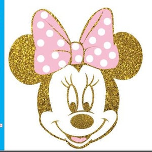 Può includere: Una testa di Minnie Mouse con glitter dorati e un fiocco rosa con pois bianchi.