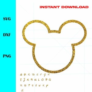 May include: A gold glitter outline of Mickey Mouse's head. The outline is a simple shape with two rounded ears and a rounded face.