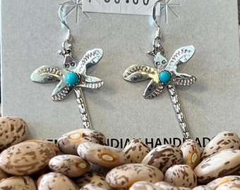 Sterling Silver dangle turquoise dragonfly earrings, Handmade Sterling Silver Dragonfly turquoise earrings, Southwest style earrings