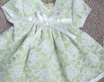 Lovely Cream / White  Lace over Apple Green Crepe Fabric Baby Dress