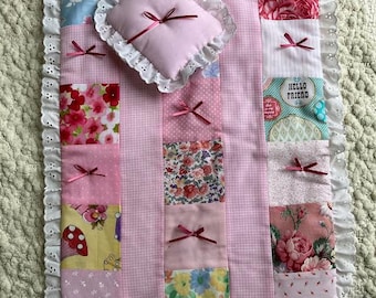 Pink Patchwork Doll Quilt Set with Lace Trim, 21 1/2  x 16 1/2 inches