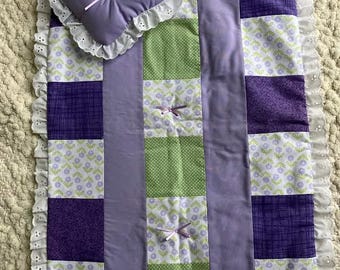 Purple Floral Patchwork Doll Quilt set with Lace trim,16 1/2 X 21 1/2 inches