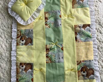 Jungle Animal Patchwork Doll Quilt Set, Eyelet Lace Trim, 21 1/2  x 16 1/2 inches