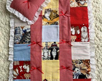 Patchwork Doll Quilt and Pillow Set: Red Gingham, Cats, Dogs, Lace Trim, 21 1/2  x 16 1/2 inches