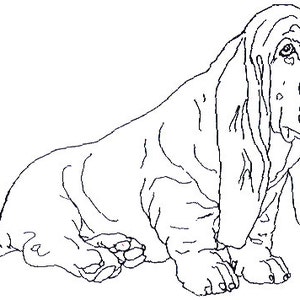 Puede incluir: Un dibujo en blanco y negro de un perro basset sentado con las orejas caídas.
