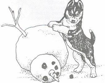 Siberian Husky with Snowman-2E-UM Unmounted Rubber Stamp