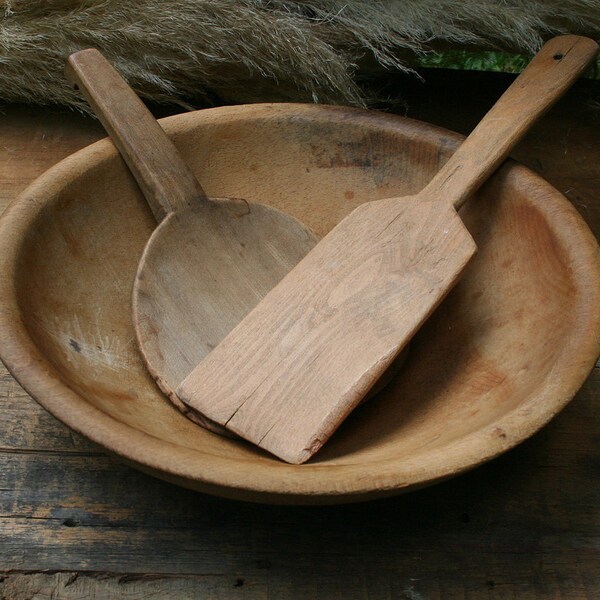 Vintage Wood Bowl With Butter Paddles,  Primitive Wooden Bowl With Butter Spatula And Spoon, Primitive Kitchen Decor