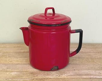 Vintage Red Enamel Tea Kettle, Camping Coffee Pot