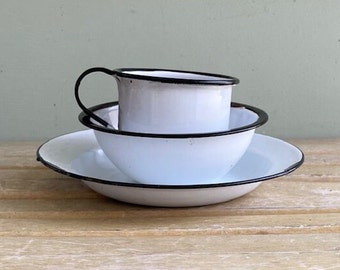 Vintage Three Piece Enamel Dinnerware, Plate or Shallow Bowl, Cereal Bowl, Coffee Mug