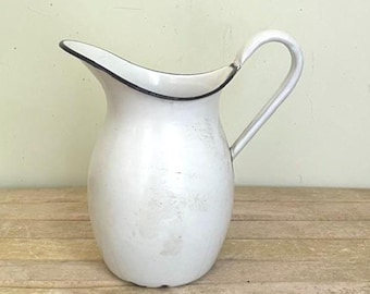 Vintage Enamel Water Pitcher, White With Blue Trim Enamelware
