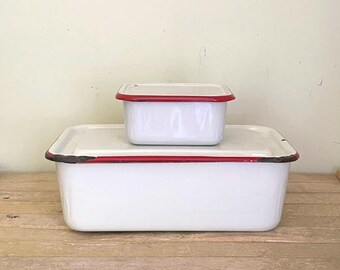 Two Enamel Refrigerator Storage Containers, Vintage Kitchen Enamelware
