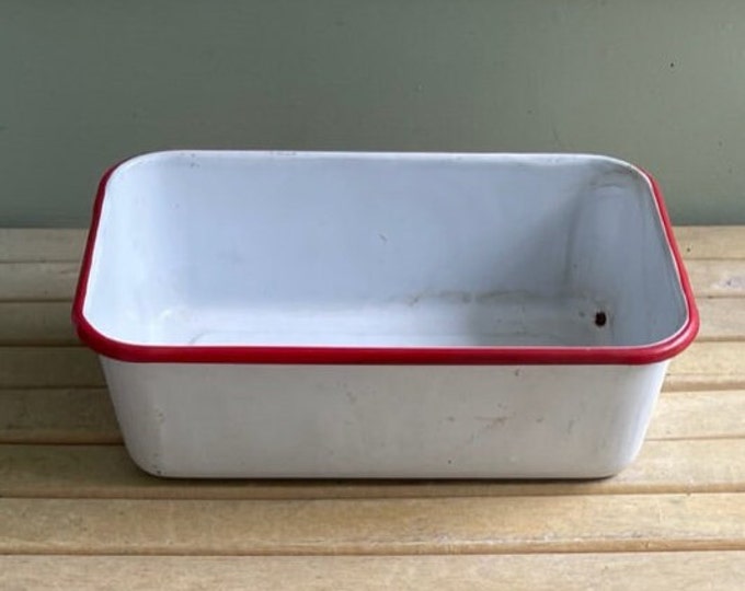 Enamel Refrigerator Container, Vintage White With Red Trim Enamel