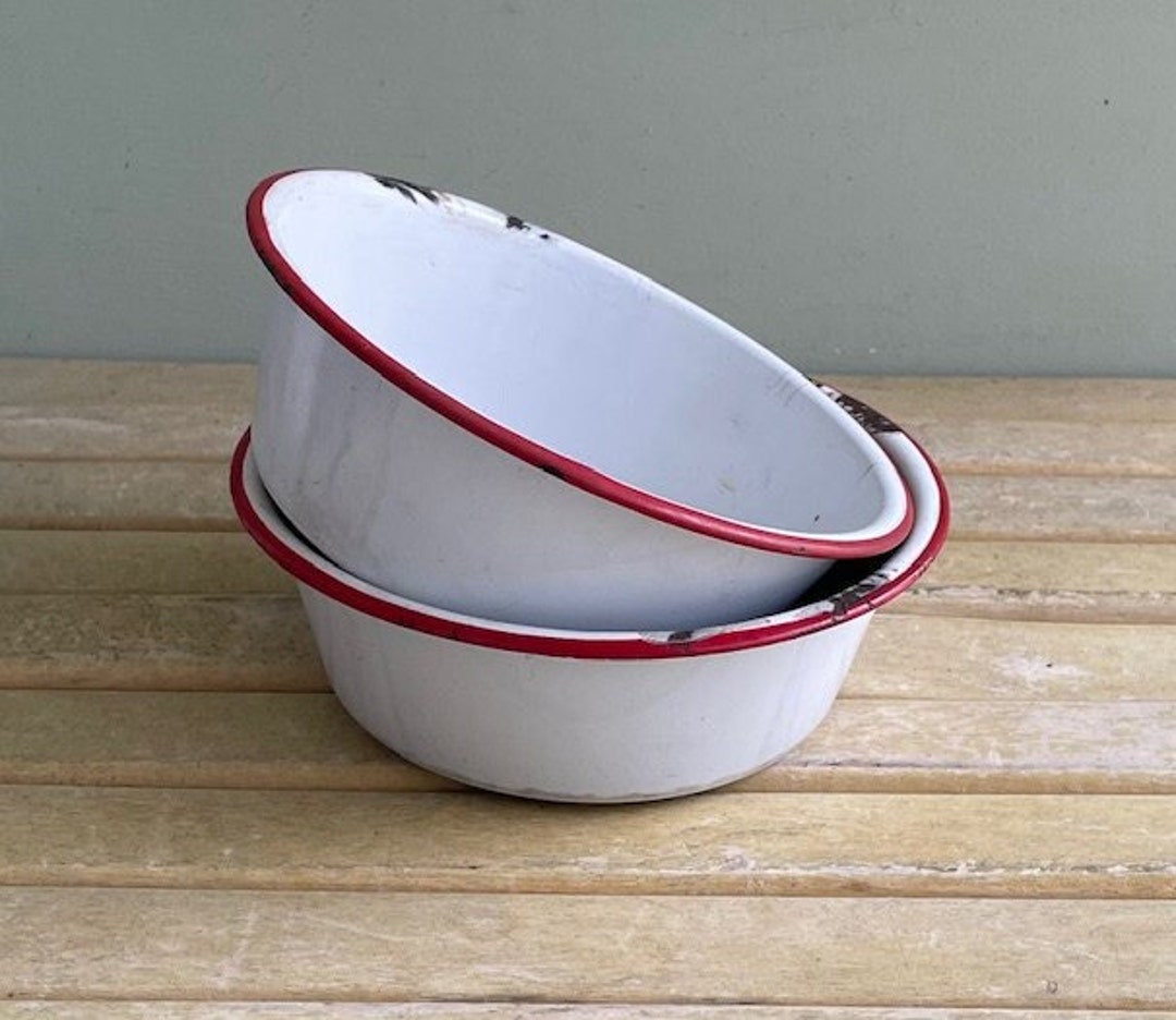 Pair of Vintage Enamel Cereal Bowls, White With Red Trim Enamelware