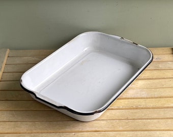 Vintage Enamel Cake Pan, White With Black Trim Enamelware Baking Pan