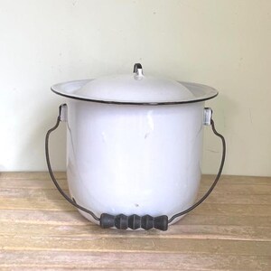 Vintage Enamel Chamber Pot, White With Black Trim Enamel